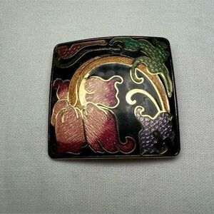 Vintage 1928 Cloisonne Enamel Brooch Pin Square Flowers Gold Tone 1.5x1.5